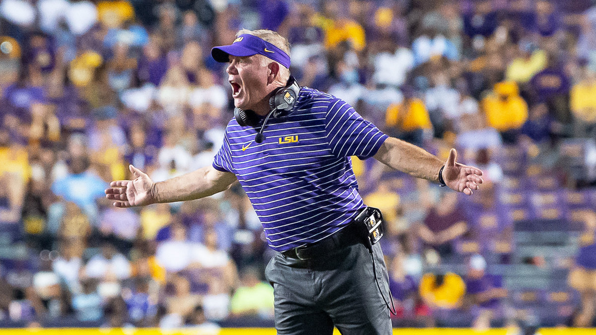 LSU coach Brian Kelly yells during a game